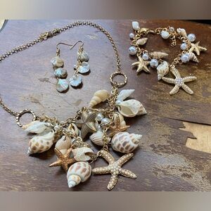 Seashell & Starfish Gold Necklace Set with Earrings - Beach-Inspired Jewelry